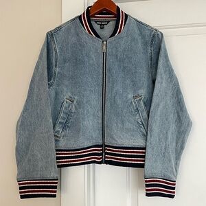 Steve Madden Denim Bomber Jacket Y2K Varsity Zip-Up Striped Ribbed Trim